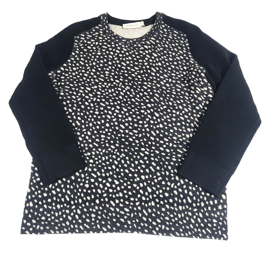 Tory Burch Animal Print Ribbed Knit Sweater M Black White Merino Wool raglan